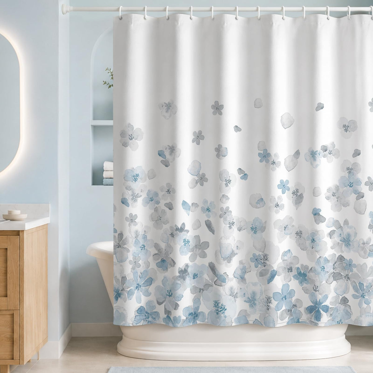 Sunlit Floral Fabric Shower Curtain, Design Simple Style Yellow and Gray Flower Blossoms Shower Curtains for Bathroom Decor with White Background, Machine Washable, 72x72