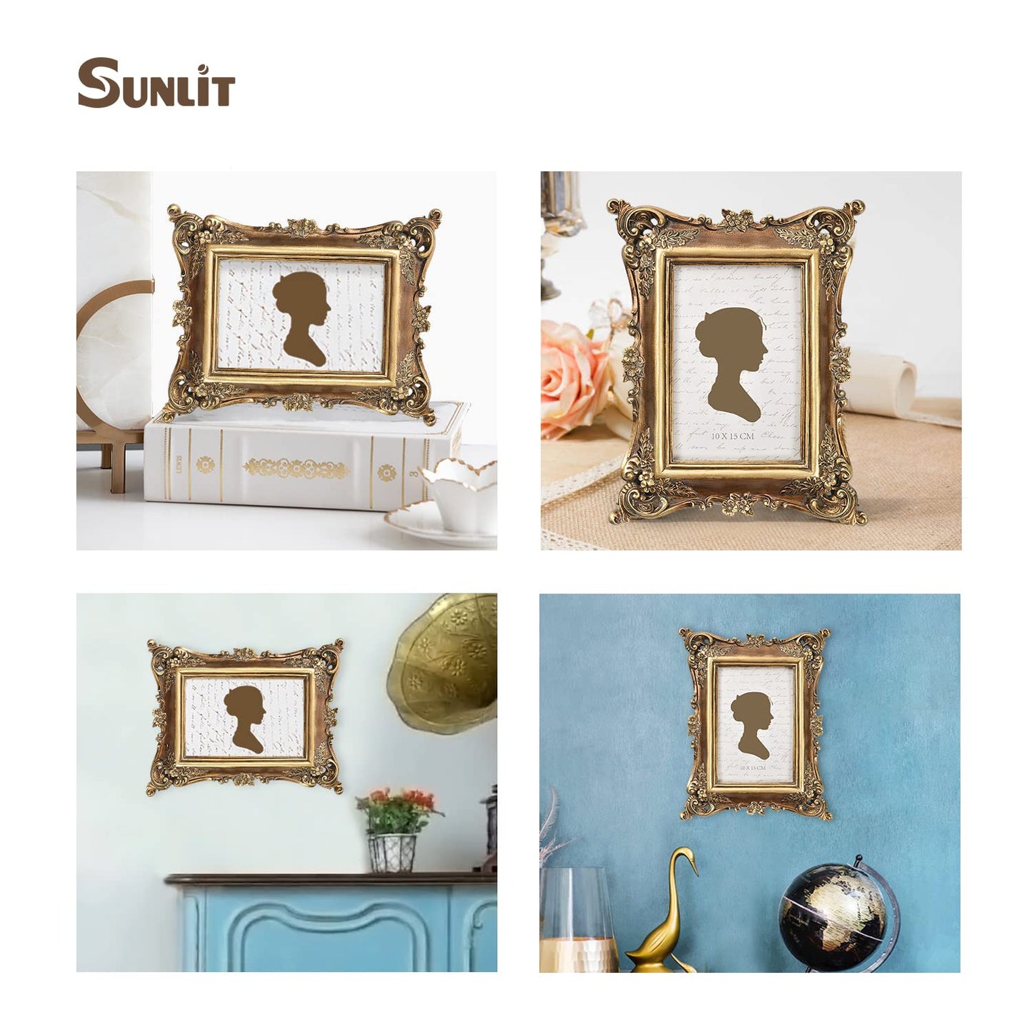 Sunlit Vintage Picture Frame 4x4 Inch, Luxury Antique Square Photo Frames with Glass Front, Photo Display, Tabletop Wall Hanging, Gift Ideas, Bronze Gold