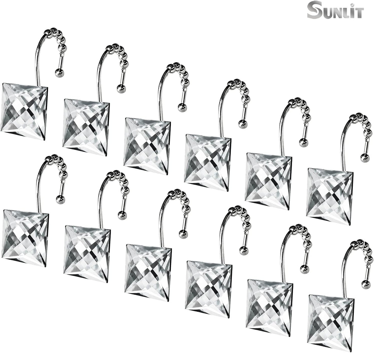 Sunlit Square Rhinestone Shower Curtain Hooks with Glide Balls, 12 Pack