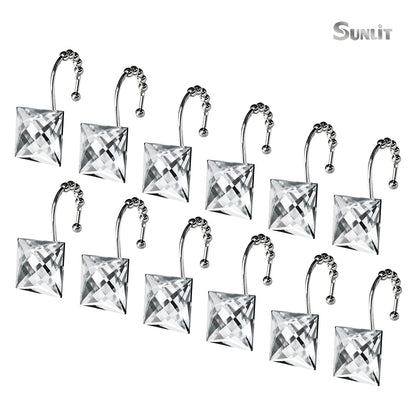 Sunlit Luxury Design Square Red Diamond Crystal Gem Bling with Glide Balls Shower Curtain Hooks, Rust Proof Metal Rhinestones Glam Shower Curtain Rings-12 Pack