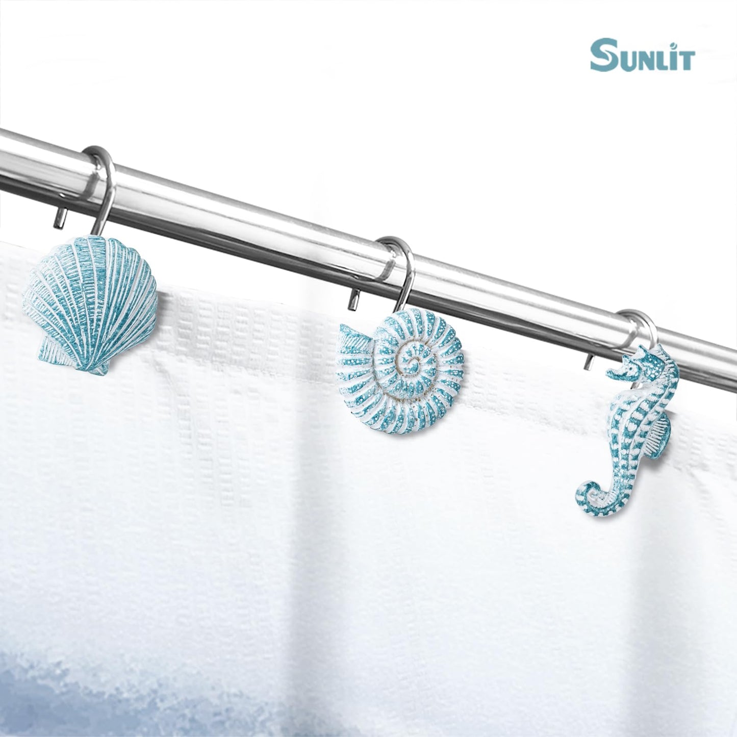 Sunlit Seashells Decorative Shower Curtain Hooks, Aqua Blue Ocean Creatures Coastal Shower Curtain Rings with Black Hooks, Resin, Nautical Bathroom Decoration Beach Shower Curtain Hooks, Set of 12