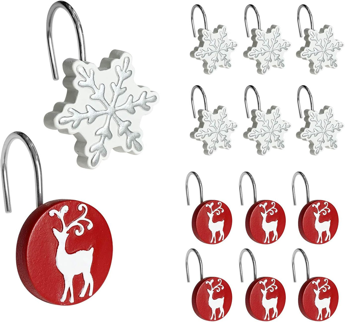 Sunlit Christmas Shower Curtain Hooks Winter Decorative Shower Curtain Rings, Silver Snowflakes and Reindeer, Resin, White Red Winter Bathroom Decoration - 12 Pack