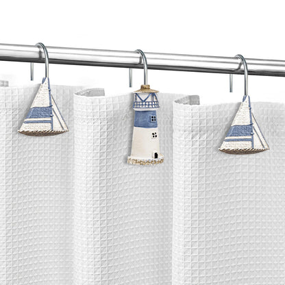 Sunlit Nautical Shower Curtain Hooks, Home Decorative Coastal Shower Curtain Rings for Bathroom, Resin, Ocean Shower Curtain Hanger Hooks for Living Room, Set of 12, Blue Lighthouse Sailboat