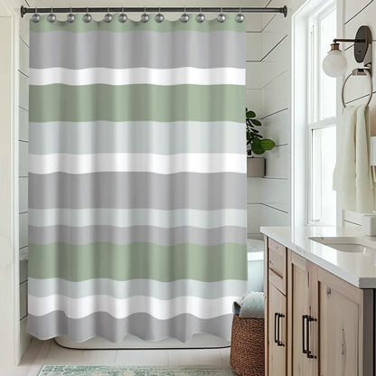 Sunlit Aqua Blue Gray Horizontal Stripes Water-Repellent Fabric Shower Curtain with Reinforced Metal Grommets Refreshing Striped Design Bathroom Decor