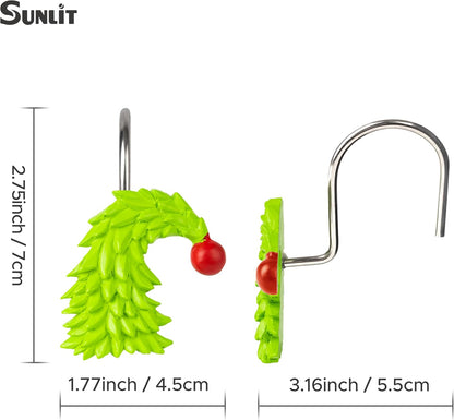 Sunlit Christmas Tree Decorative Shower Curtain Hooks with Festive Ball Ornaments, Lime Green Shower Curtain Rings, Resin, Xmas Theme Winter Holiday Bathroom Decoration, Set of 12