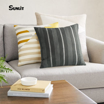 Sunlit Decorative Farmhouse Throw Pillow Case, Set of 2 Cream/Off-White with Black Stripes Modern Accent Square Pillow Cover, 22" x 22", Textured Linen Throw Cushion Covers for Couch Chair Bedroom