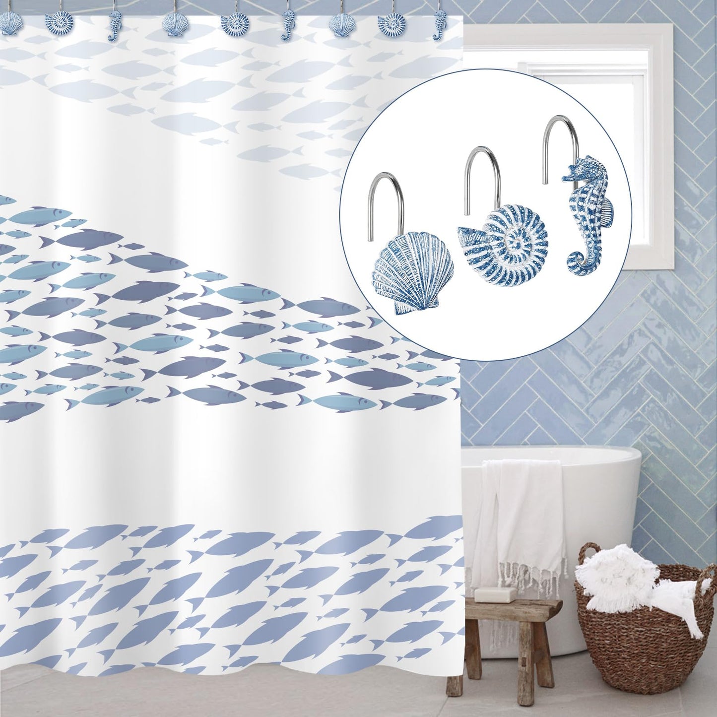 Sunlit Seashells Decorative Shower Curtain Hooks, Aqua Blue Ocean Creatures Coastal Shower Curtain Rings with Black Hooks, Resin, Nautical Bathroom Decoration Beach Shower Curtain Hooks, Set of 12