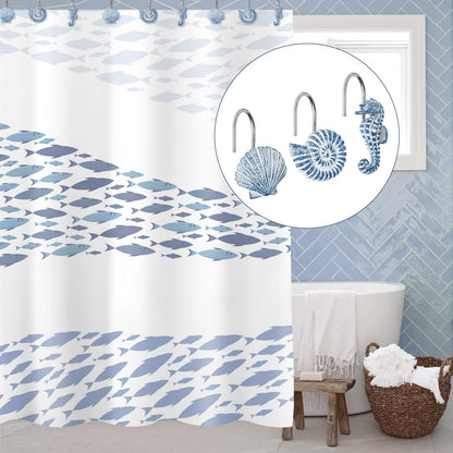 Sunlit Seashells Decorative Shower Curtain Hooks, Aqua Blue Ocean Creatures Coastal Shower Curtain Rings with Black Hooks, Resin, Nautical Bathroom Decoration Beach Shower Curtain Hooks, Set of 12