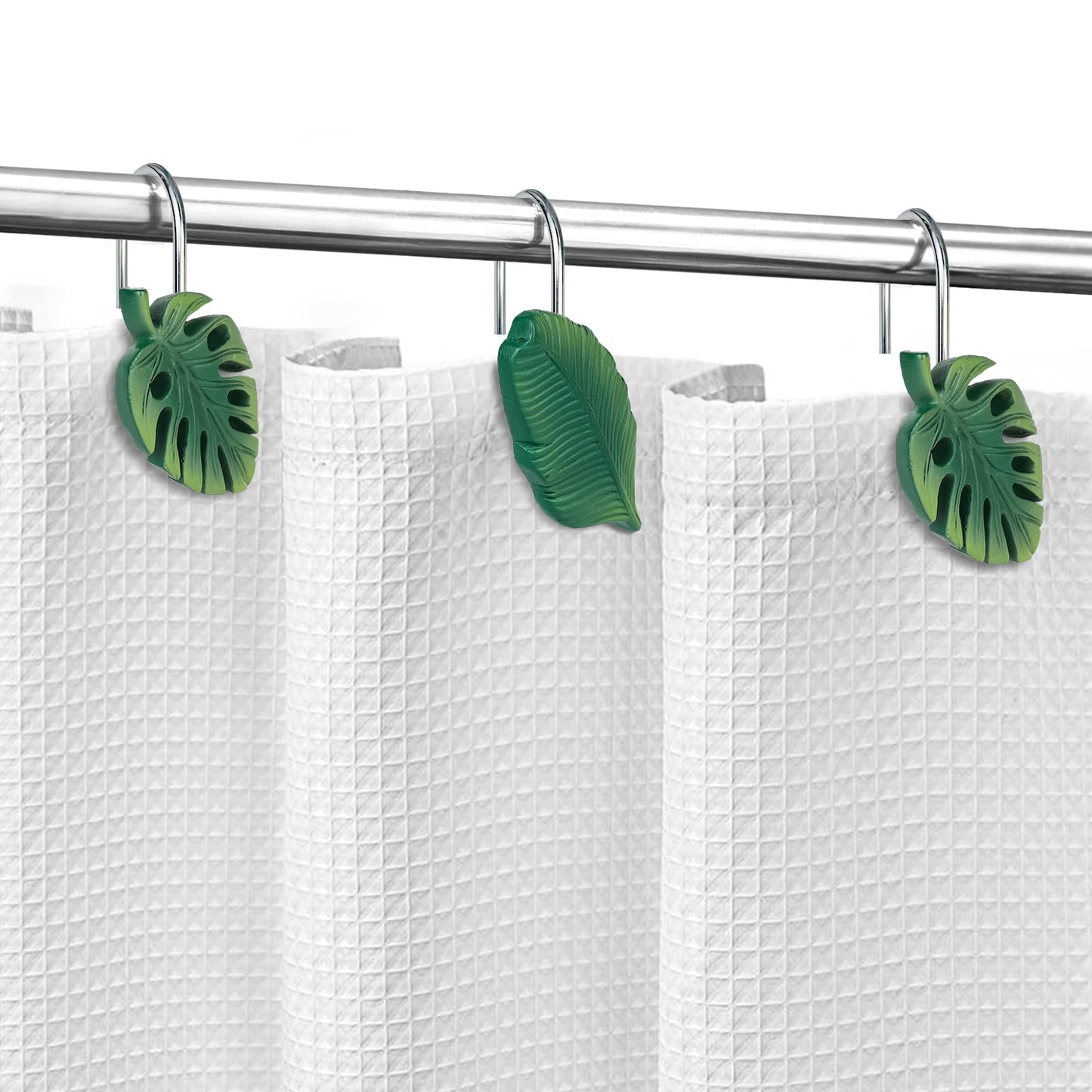 Tropical Leaf Decorative Shower Curtain Hooks Green Botanical Shower Curtain Rings, Resin, Monstera Deliciosa Leaves Shower Curtain Hangers for Bathroom, Set of 12