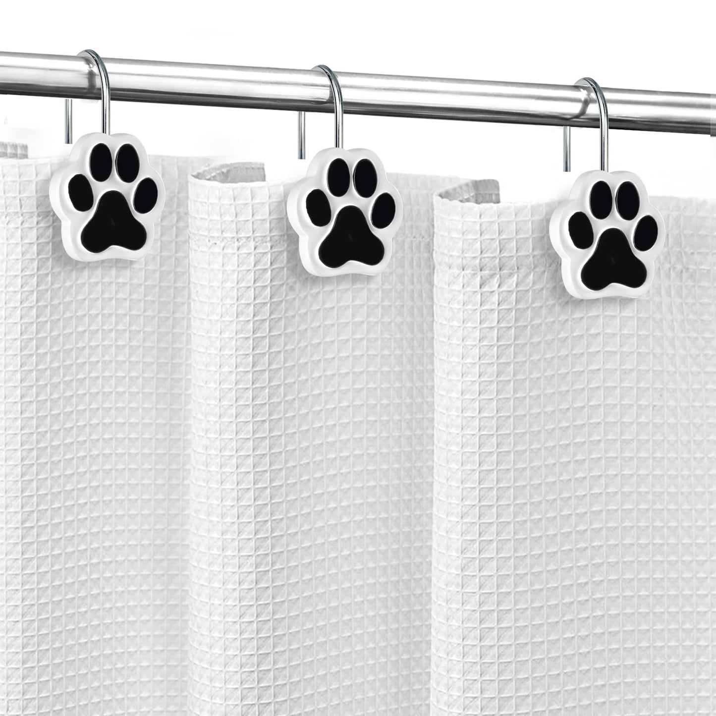 Sunlit Cute Paw Print Decorative Shower Curtain Hooks for Dog Cat Bear, Resin, Lovely Shower Curtain Rings with Black Hooks for Kids, Bathroom Decoration Curtain Hangers, 12 Pack, Black and White