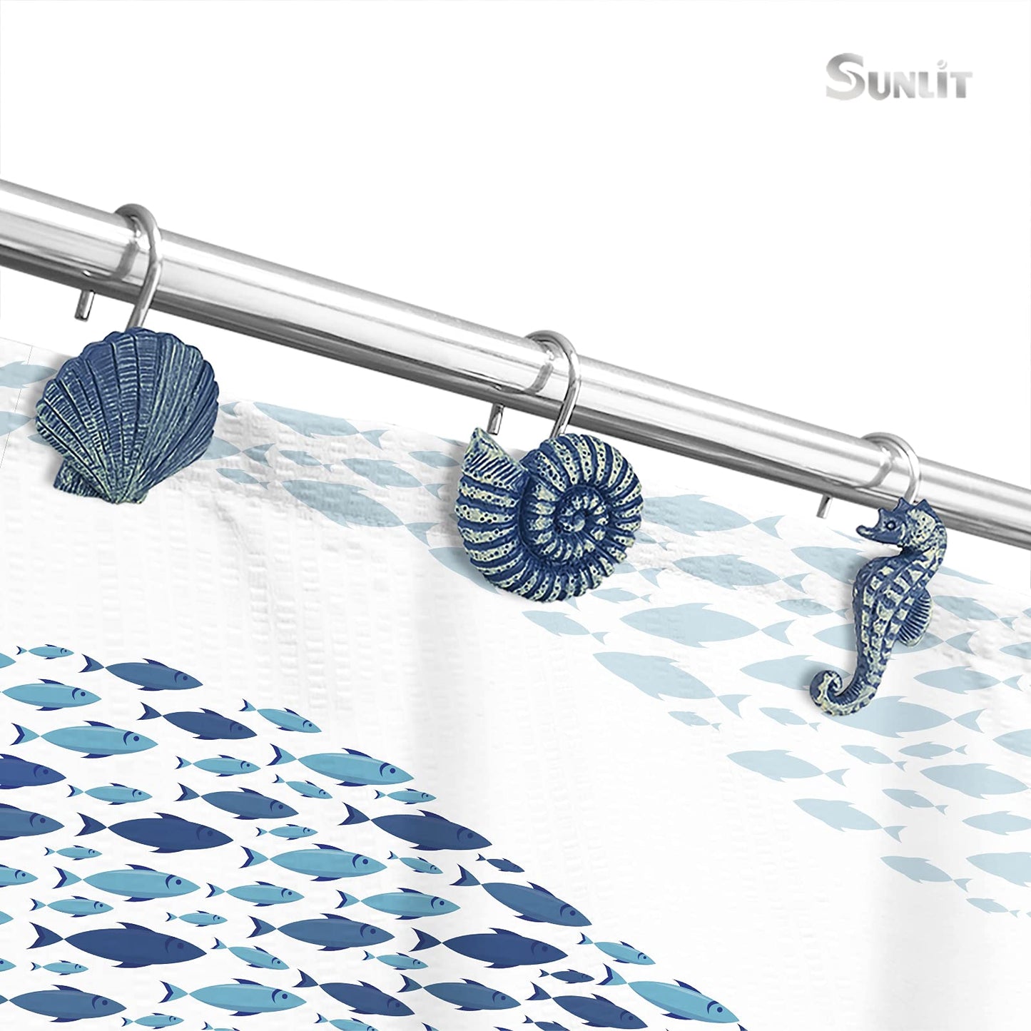 Sunlit Seashells Decorative Shower Curtain Hooks, Aqua Blue Ocean Creatures Coastal Shower Curtain Rings with Black Hooks, Resin, Nautical Bathroom Decoration Beach Shower Curtain Hooks, Set of 12