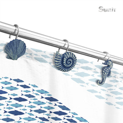 Sunlit Seashells Decorative Shower Curtain Hooks, Aqua Blue Ocean Creatures Coastal Shower Curtain Rings with Black Hooks, Resin, Nautical Bathroom Decoration Beach Shower Curtain Hooks, Set of 12