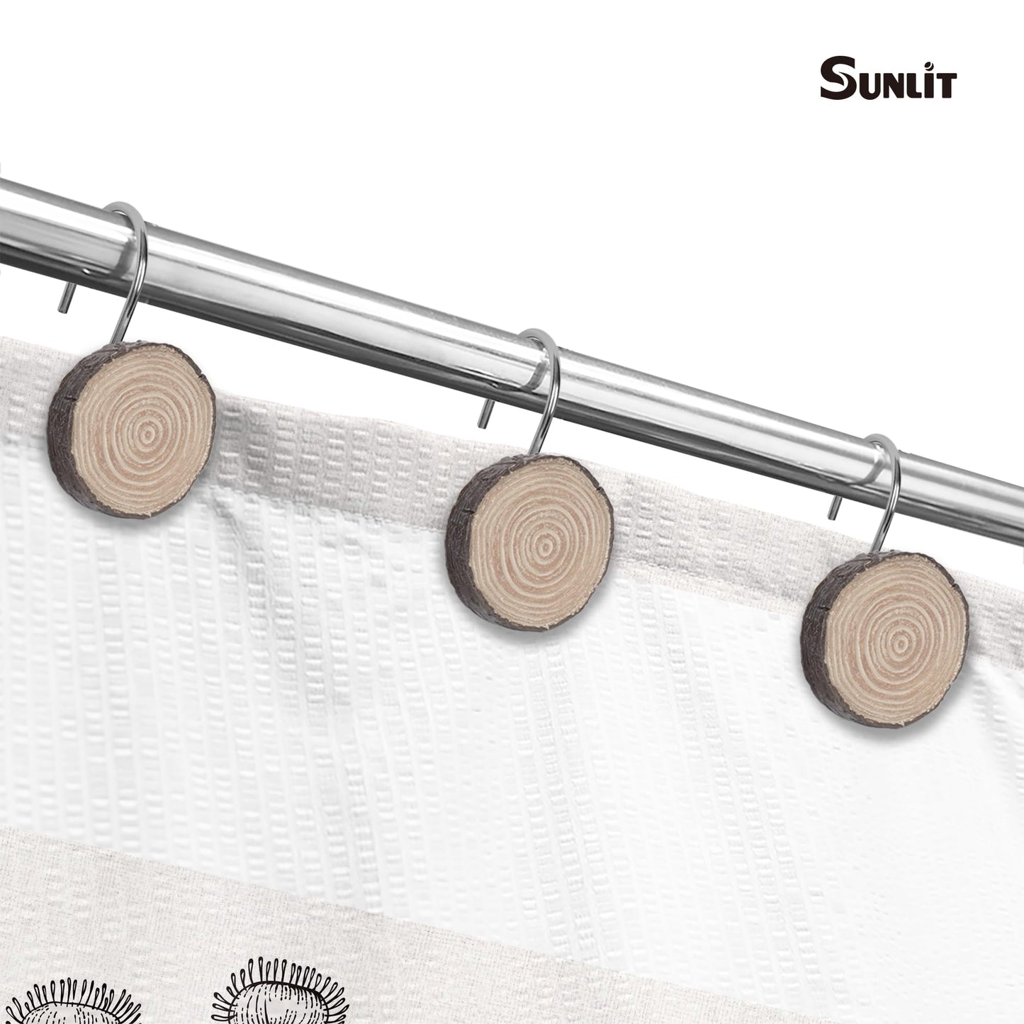 Sunlit Farmhouse Wooden Slices Shower Curtain Hooks, Rustic Home Decorative Shower Curtain Rings with Black Hooks for Bathroom, Resin Shower Curtain Hangers Bathroom Accessories, Set of 12