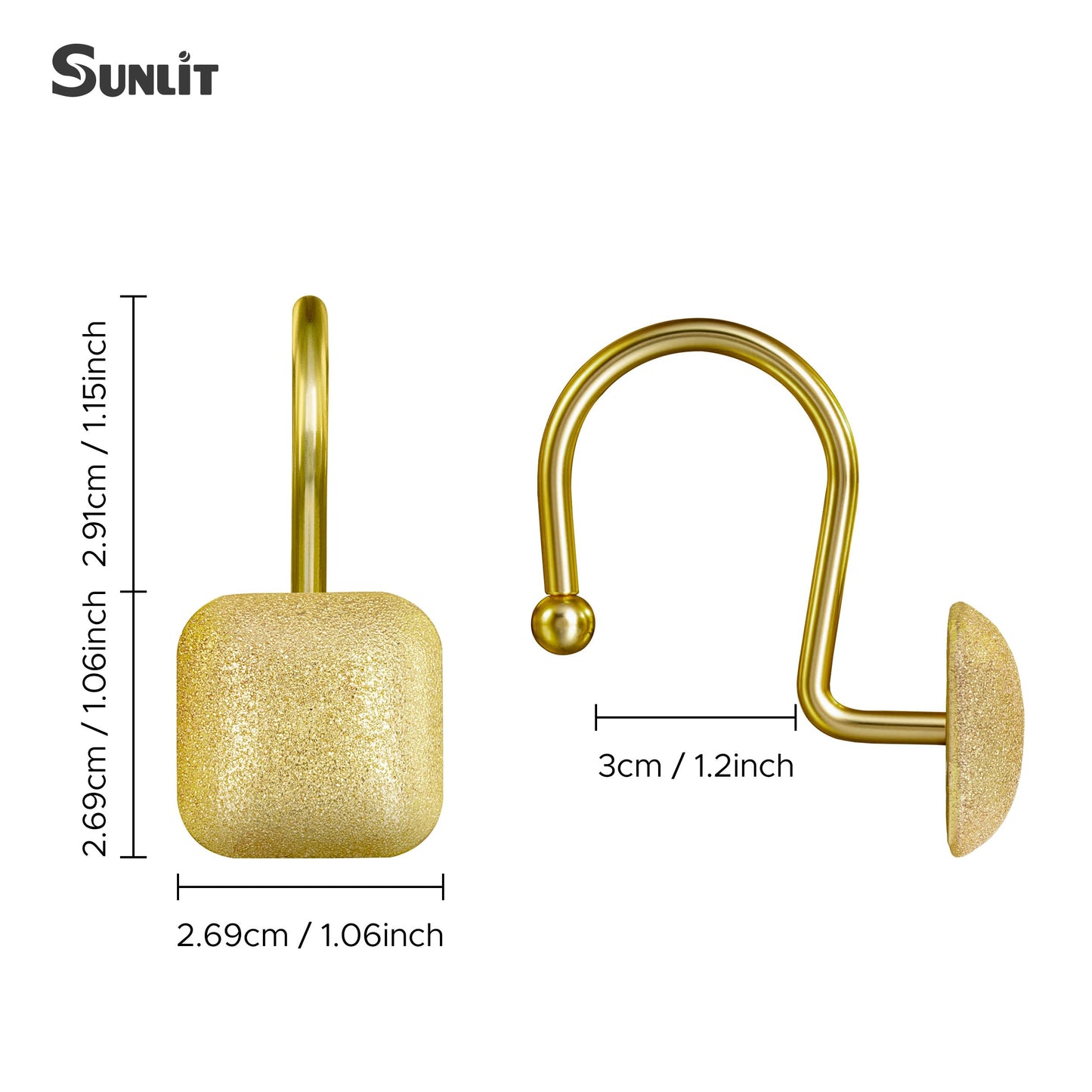 Sunlit Gold Shower Curtain Hooks, Round Metal Home Decorative Shower Curtain Rings for Bathroom, Modern Shower Curtain Hangers Bathroom Accessories, Set of 12
