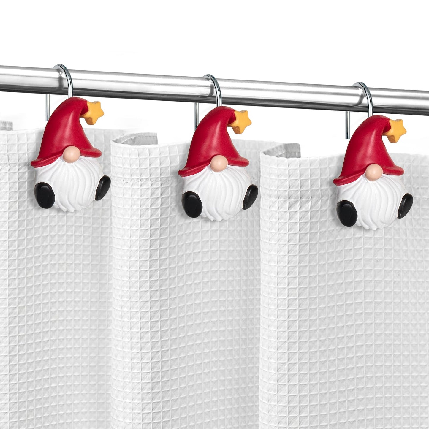 Sunlit Christmas Shower Curtain Hooks, Gnome Shower Curtain Rings, Hand Painted Resin Christmas Decor, Winter Bathroom Decoration, Red Hat with White Polka Dot, Set of 12