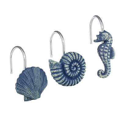 Sunlit Seashells Decorative Shower Curtain Hooks, Aqua Blue Ocean Creatures Coastal Shower Curtain Rings with Black Hooks, Resin, Nautical Bathroom Decoration Beach Shower Curtain Hooks, Set of 12