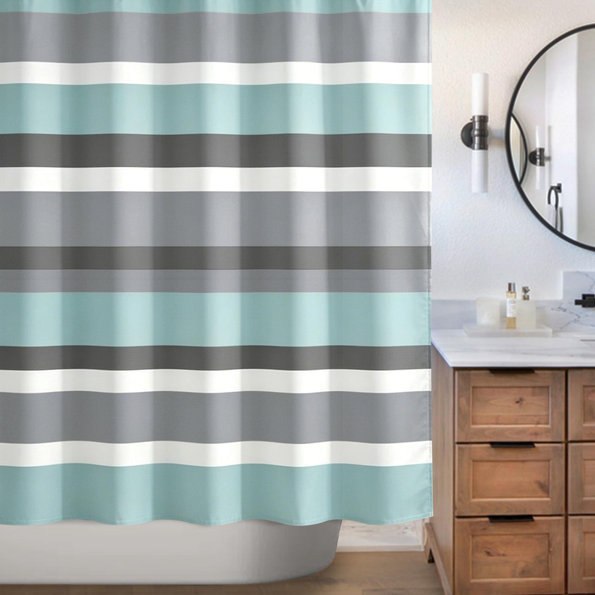 Sunlit Sage Green Gray Horizontal Stripes Water-Repellent Fabric Shower Curtain with Reinforced Metal Grommets Refreshing Striped Design Bathroom Decor, 72x72