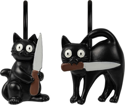 Sunlit Halloween Creepy Black Cat Shower Curtain Hooks, Home Decorative Shower Curtain Rings for Bathroom, Spooky Shower Curtain Hangers Bathroom Accessories, Set of 12