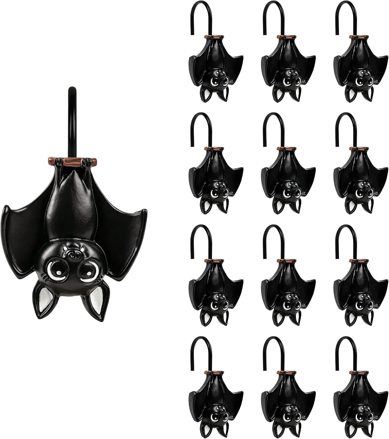 Sunlit Upside Down Bat Shower Curtain Hooks, Home Decorative Shower Curtain Rings for Bathroom, Halloween Shower Curtain Hangers Bathroom Accessories, Set of 12, Black