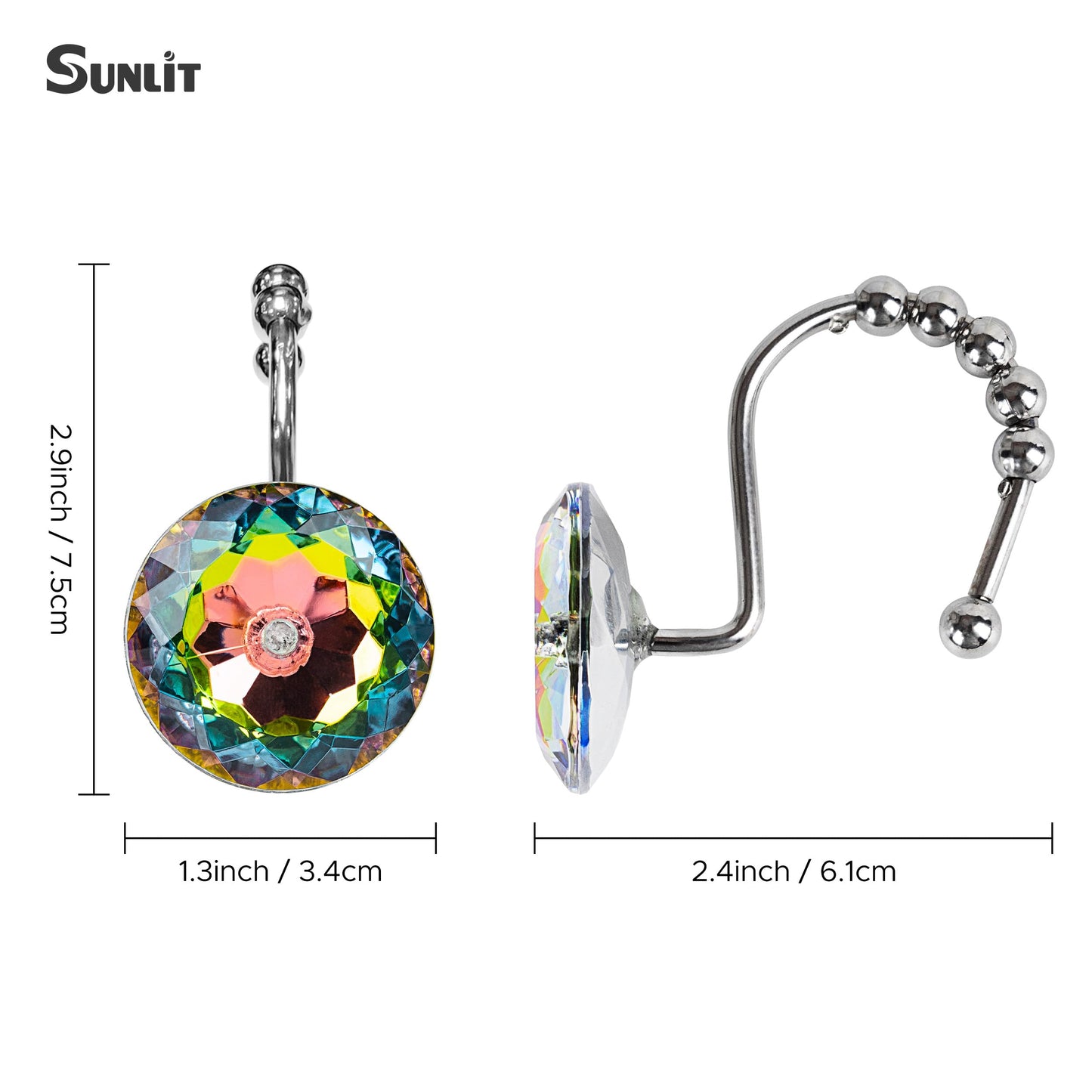 Sunlit Luxury Design Round Yellow Diamond Crystal Gem Bling with Glide Balls Shower Curtain Hooks, Rust Proof Metal Rhinestones Glam Shower Curtain Rings-12 Pack