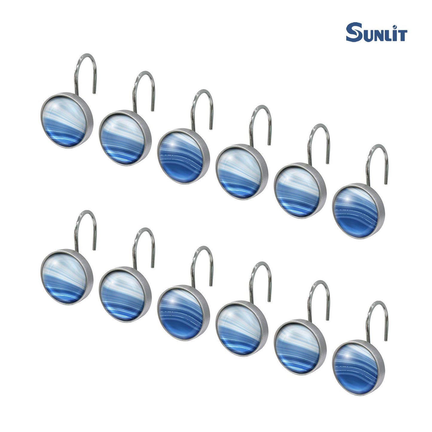 Sunlit Round Crystal Glass Decorative Shower Curtain Hooks, Rust Proof Oil Rubbed Metal Shower Curtain Rings-12 Pack, Gradient Blue