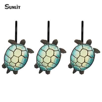 Sunlit Sea Turtle Shower Curtain Hooks, Home Decorative Shower Curtain Rings for Bathroom, Resin, Ocean Shower Curtain Hanger Hooks for Kid Room Living Room, Set of 12