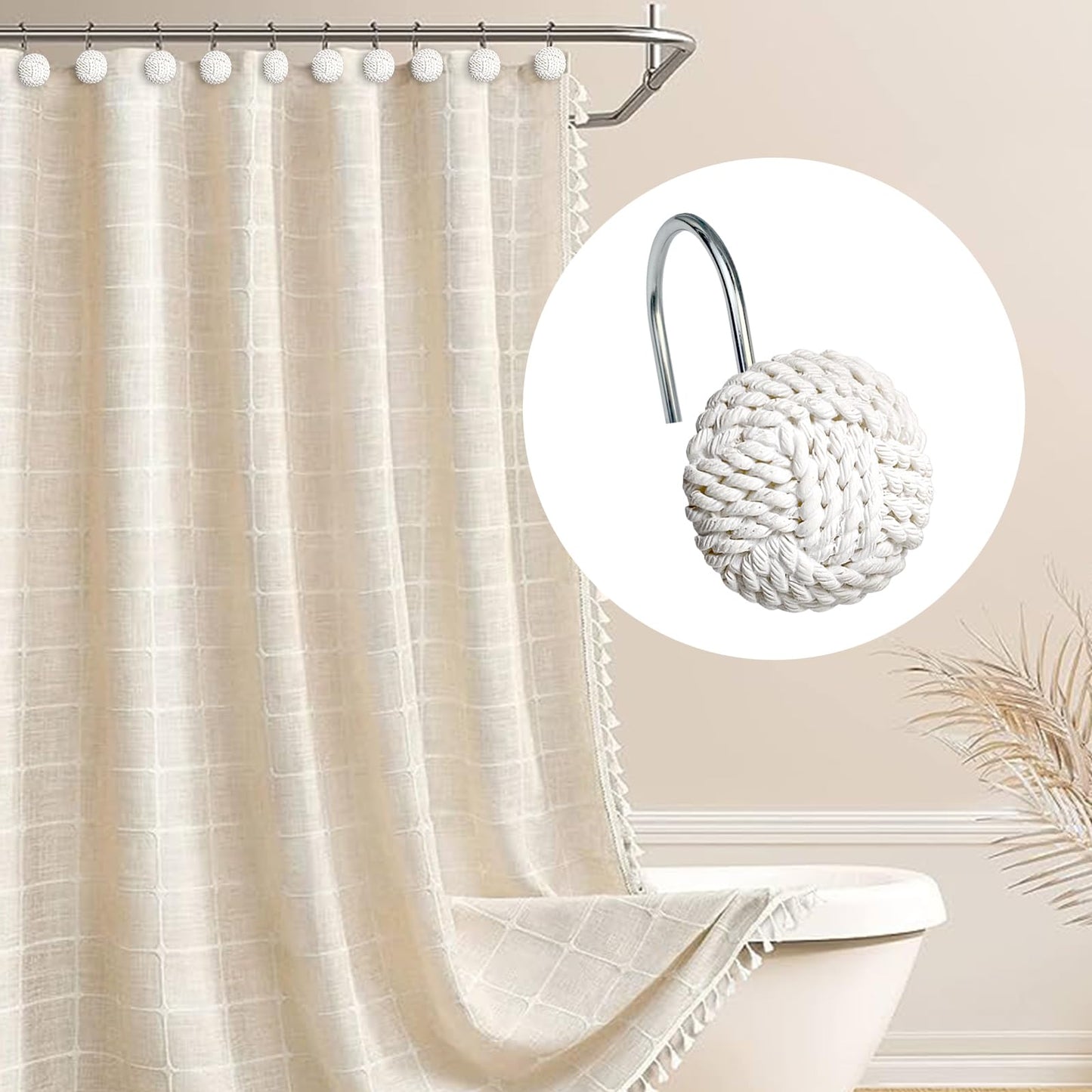 Sunlit Boho Knots Double Shower Curtain Hooks, Home Decorative White Shower Curtain Rings for Bathroom, Seaside Nautical Shower Curtain Hangers Bathroom Accessories, Set of 12