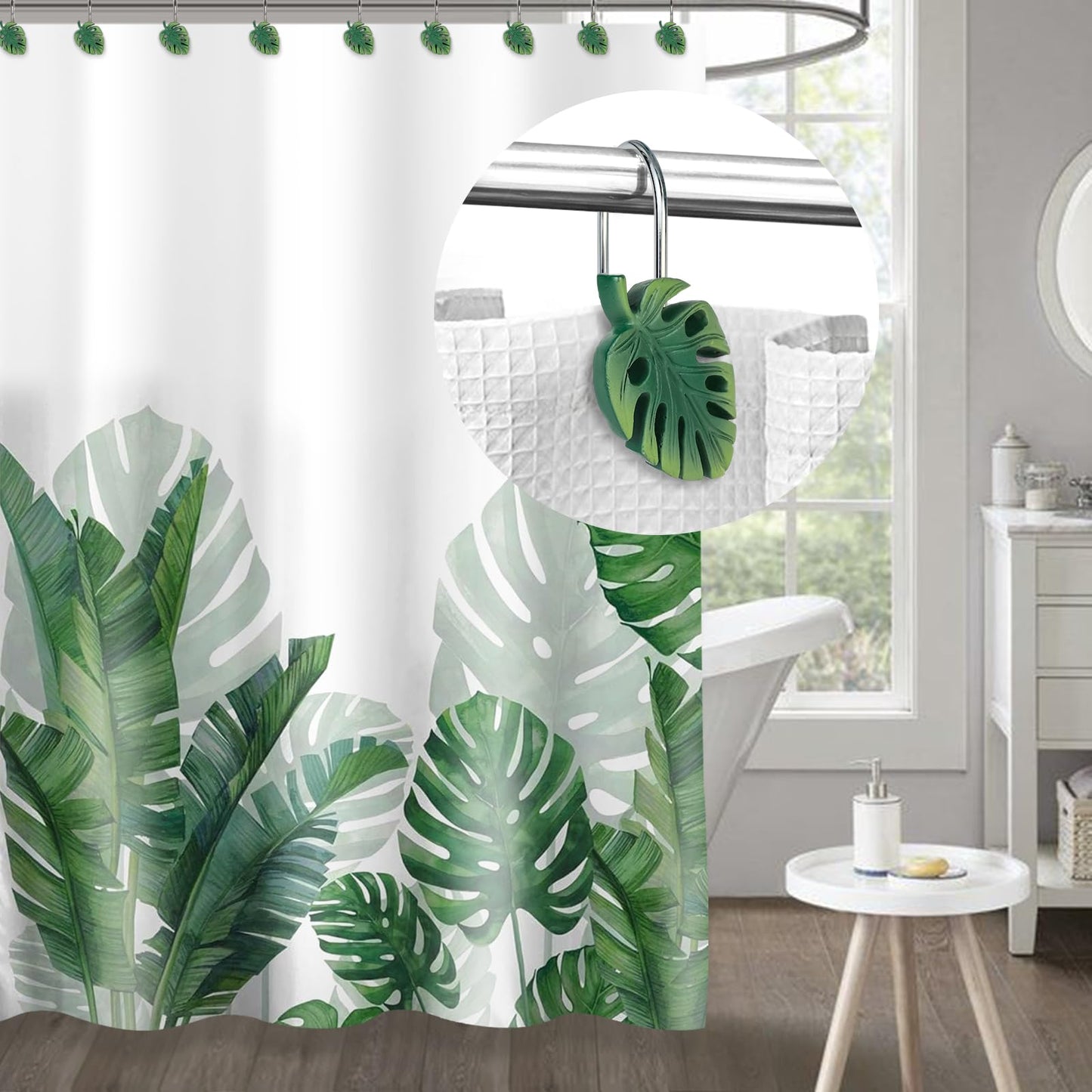 Tropical Leaf Decorative Shower Curtain Hooks, Green Botanical Shower Curtain Rings with Black Hooks, Resin, Monstera Deliciosa Leaves Shower Curtain Hangers for Bathroom, Set of 12