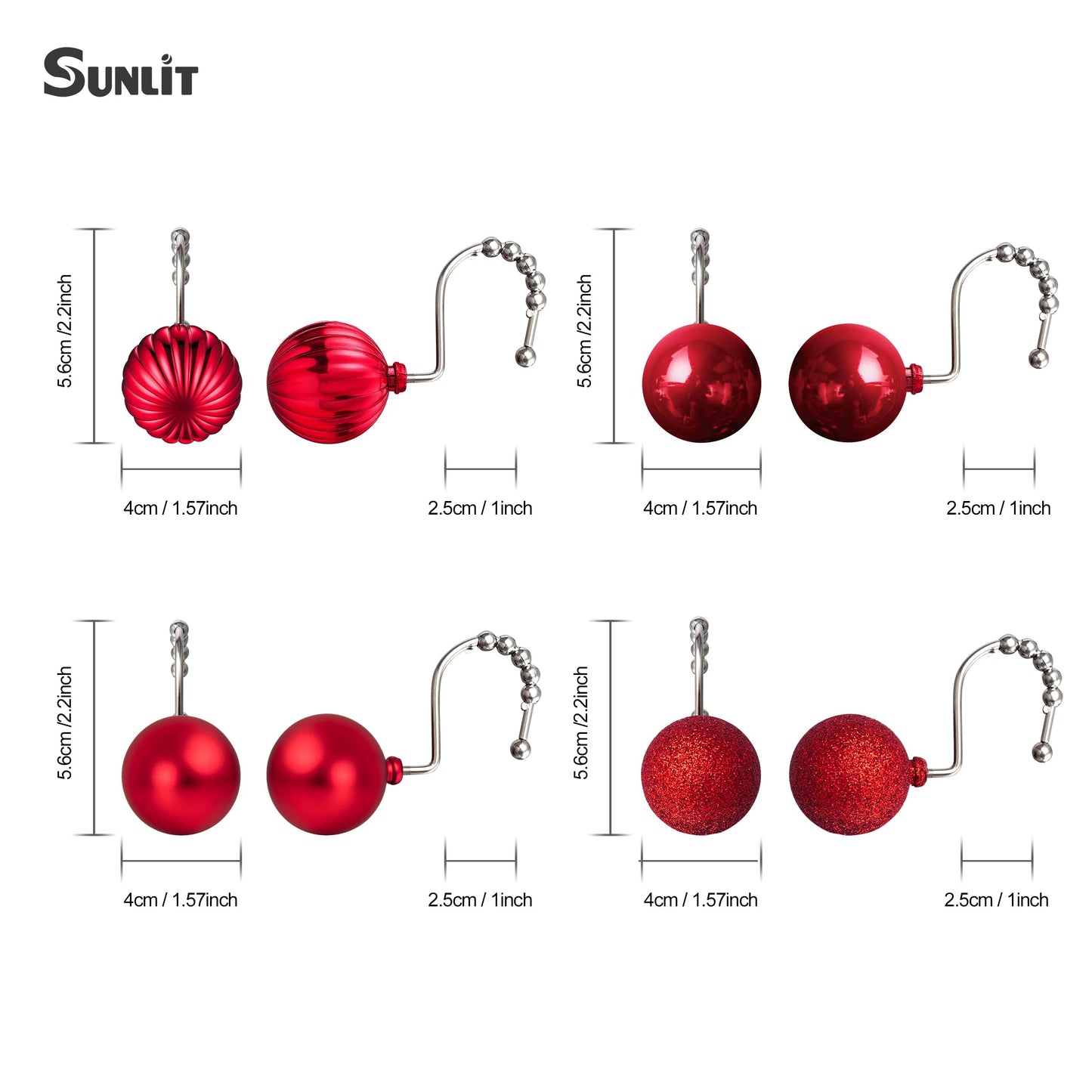 Sunlit Christmas Balls Decorative Shower Curtain Hooks, Shower Curtain Rings with Roller Balls, Xmas Theme Winter Holiday Bathroom Decoration, Set of 12, Red