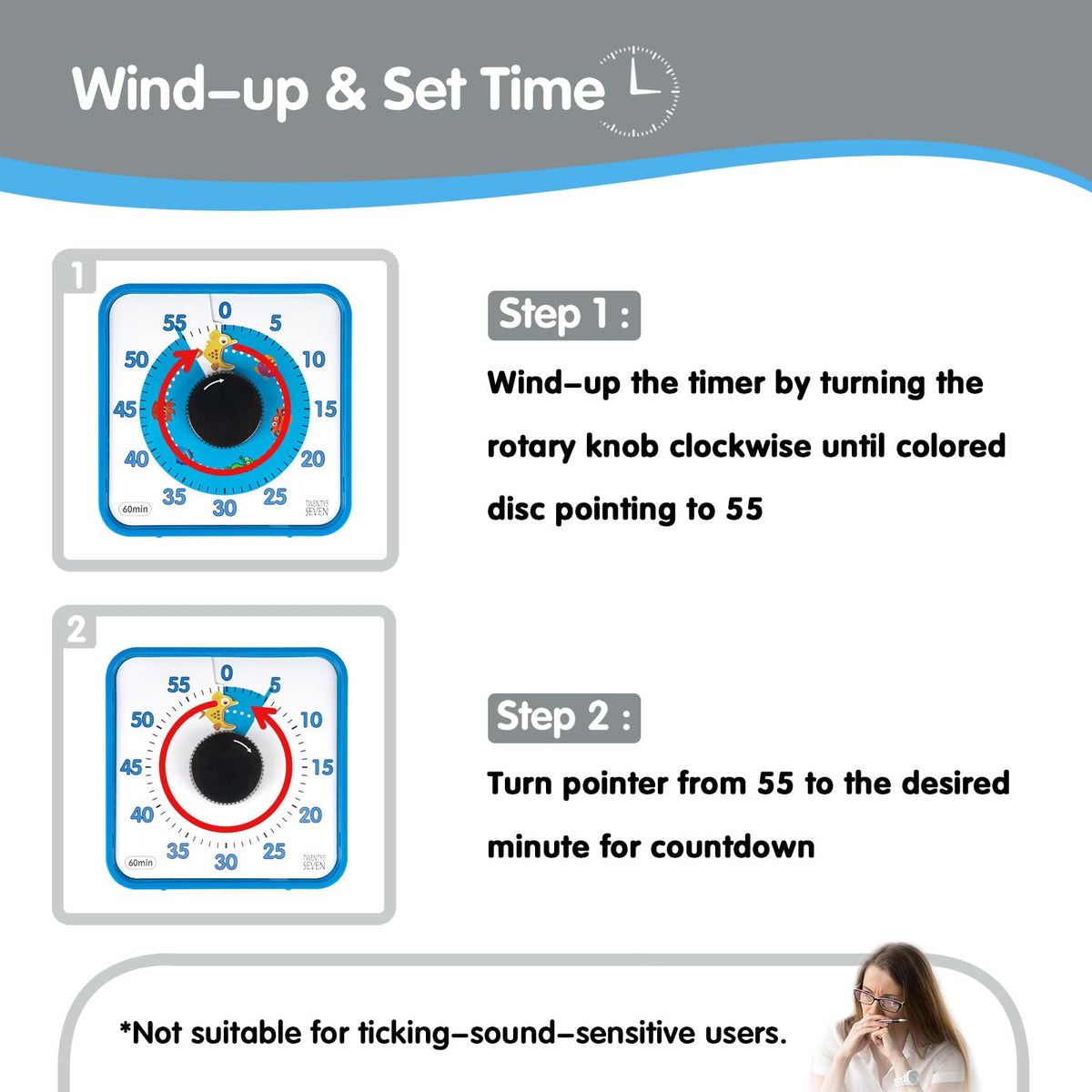 TWENTY5 SEVEN 7.5-Inch Visual Timer, Battery-Free 60-Minute Countdown Clock