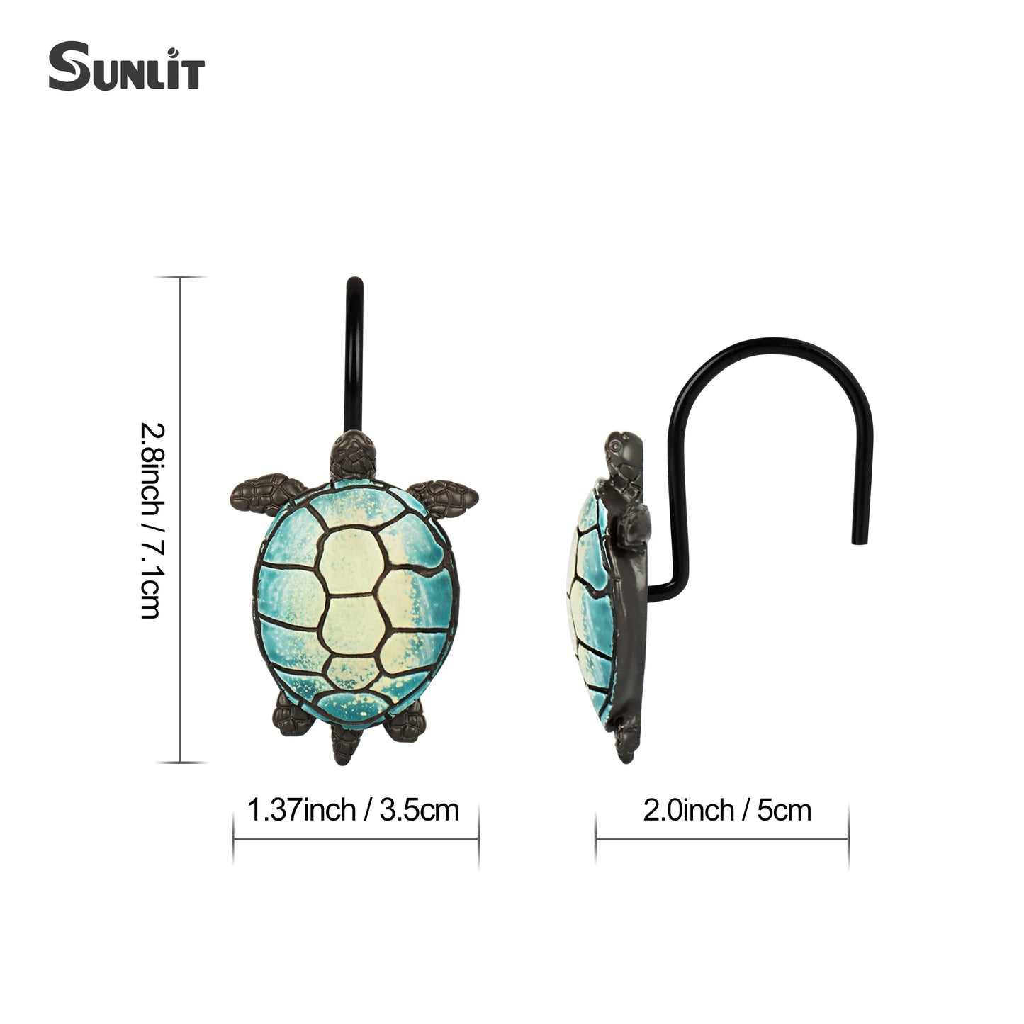 Sunlit Sea Turtle Shower Curtain Hooks, Home Decorative Shower Curtain Rings for Bathroom, Resin, Ocean Shower Curtain Hanger Hooks for Kid Room Living Room, Set of 12