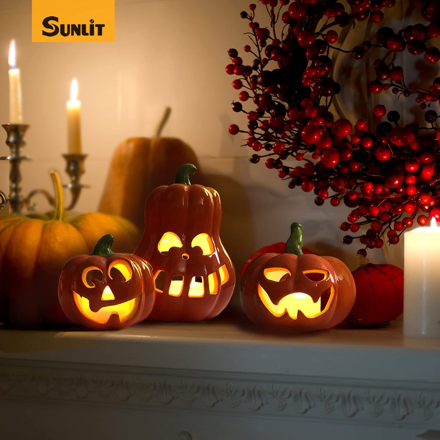 Sunlit Ceramic Pumpkin with 3 Tea Lights, Jack O Lantern Candle Holder Set of 3, Tabletop Indoor Halloween Decorations for Holiday Party Home