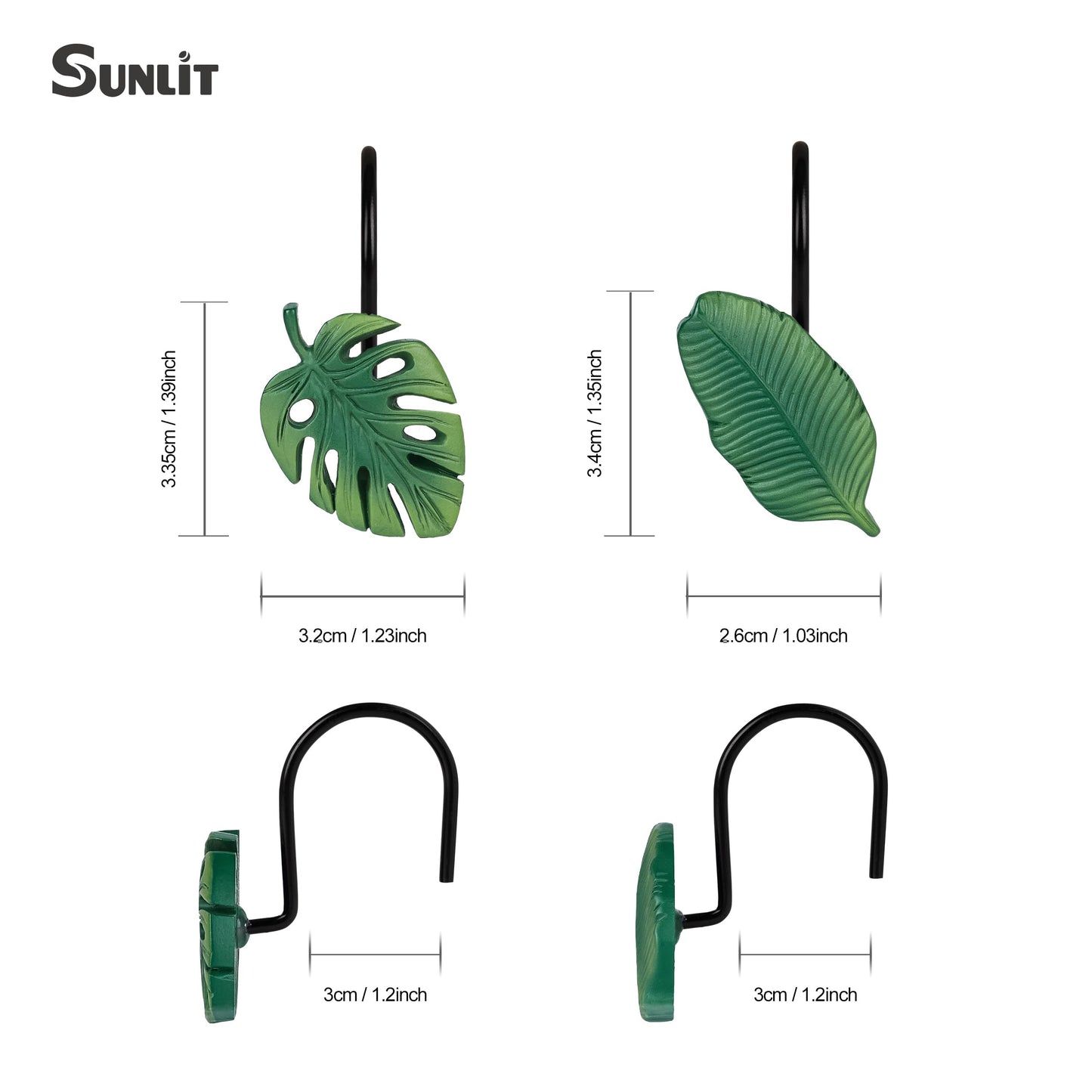 Tropical Leaf Decorative Shower Curtain Hooks Green Botanical Shower Curtain Rings, Resin, Monstera Deliciosa Leaves Shower Curtain Hangers for Bathroom, Set of 12
