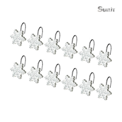 Sunlit Christmas Shower Curtain Hooks Silver Snowflakes Shower Curtain Rings, Resin, White Christmas Decor, Winter Bathroom Decoration - 12 Pack
