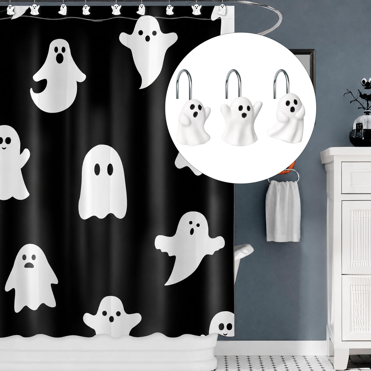 Sunlit Ghost Shower Curtain Hooks, Home Decorative Shower Curtain Rings for Bathroom, Halloween Shower Curtain Hangers Bathroom Accessories, Set of 12, Golden