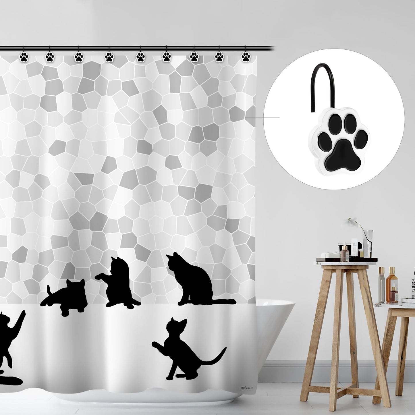 Sunlit Cute Paw Print Decorative Shower Curtain Hooks for Dog Cat Bear, Resin, Lovely Shower Curtain Rings with Black Hooks for Kids, Bathroom Decoration Curtain Hangers, 12 Pack, Black and White