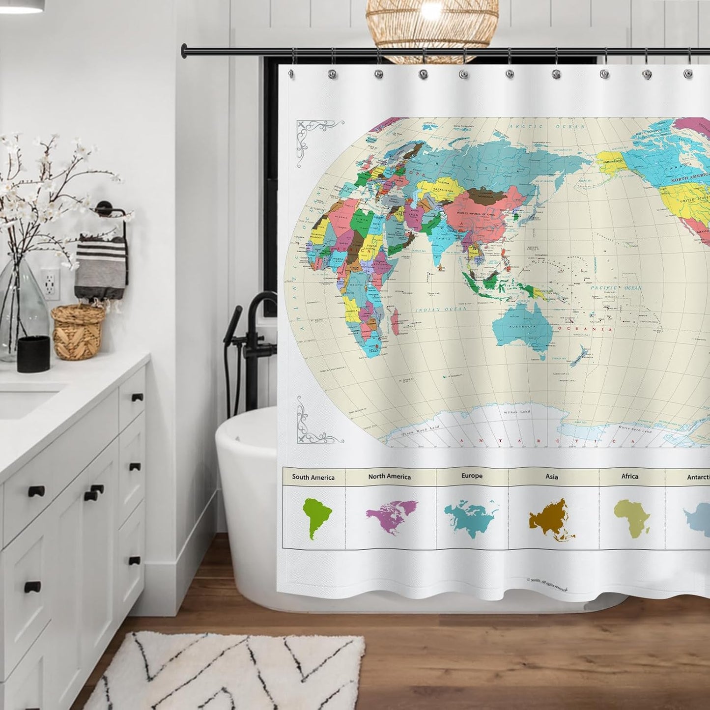 Sunlit Updated World Map Fabric Shower Curtain, Map of The World with Detailed Major Cities Shower Curtains for Kids, Geography Educational Bathroom Curtain, Large Home Decor Wall Map, 71" x 71"