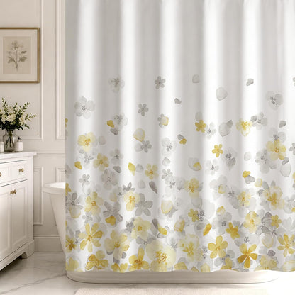 Sunlit Floral Fabric Shower Curtain, Design Simple Style Yellow and Gray Flower Blossoms Shower Curtains for Bathroom Decor with White Background, Machine Washable, 72x72