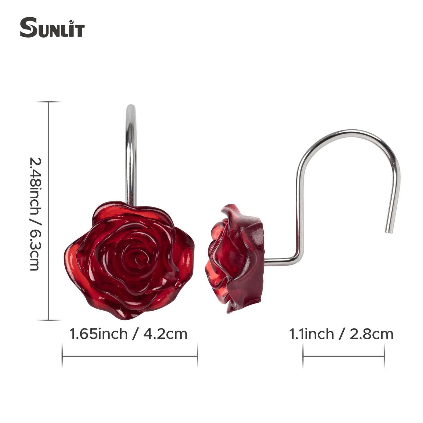 Sunlit Rose Shower Curtain Hooks, Home Decorative Flower Shower Curtain Rings for Bathroom, Resin, Pink Floral Shower Curtain Hanger Hooks for Living Room, Set of 12