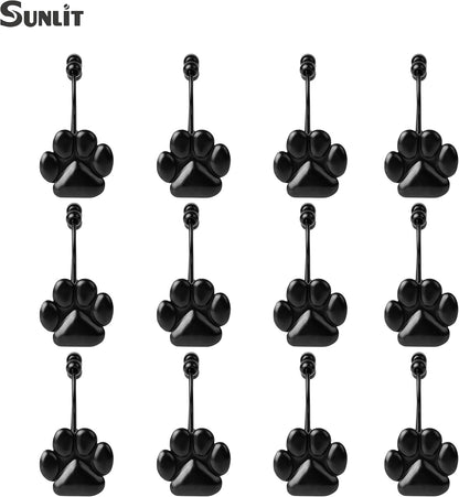 Sunlit Fashion Design Cute Paw Print Polished Double Shower Curtain Hooks for Dog Cat and Bear, Rust Proof Oil Metal Shower Curtain Rings, Black-12 Pack