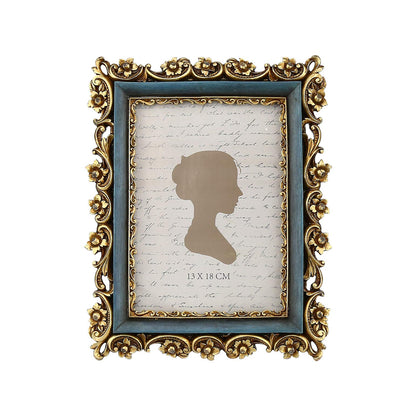 Sunlit Vintage Picture Frame 4x6 Inch, Luxury Antique Photo Frames with Glass Front, Photo Display, Tabletop Wall Hanging, Gift Ideas, Retro Blue and Gold