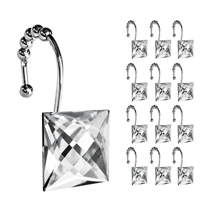 Sunlit Luxury Design Square Red Diamond Crystal Gem Bling with Glide Balls Shower Curtain Hooks, Rust Proof Metal Rhinestones Glam Shower Curtain Rings-12 Pack