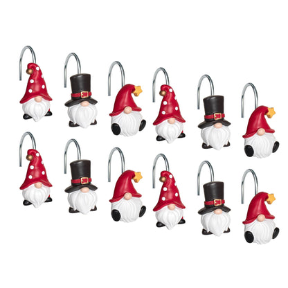 Sunlit Christmas Shower Curtain Hooks, Gnome Shower Curtain Rings, Hand Painted Resin Christmas Decor, Winter Bathroom Decoration, Red Hat with White Polka Dot, Set of 12
