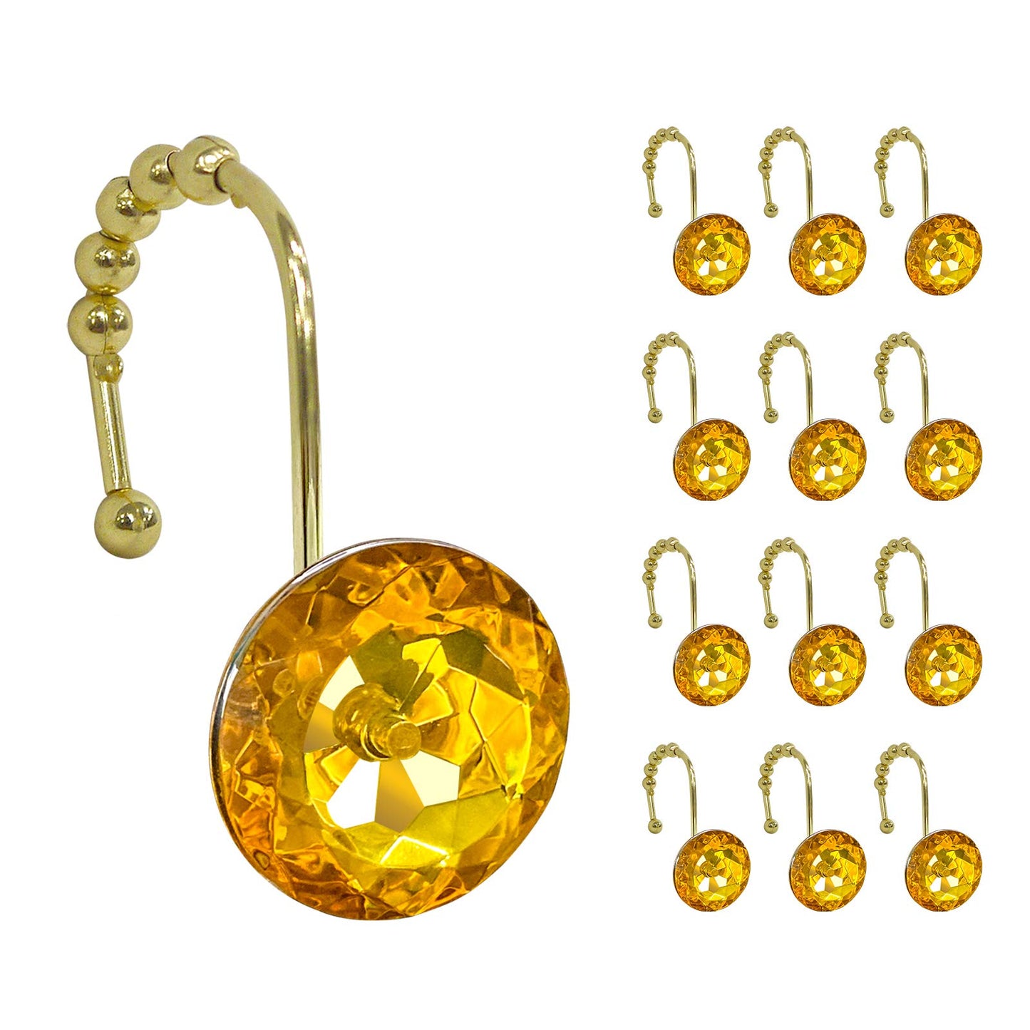 Sunlit Luxury Design Round Yellow Diamond Crystal Gem Bling with Glide Balls Shower Curtain Hooks, Rust Proof Metal Rhinestones Glam Shower Curtain Rings-12 Pack