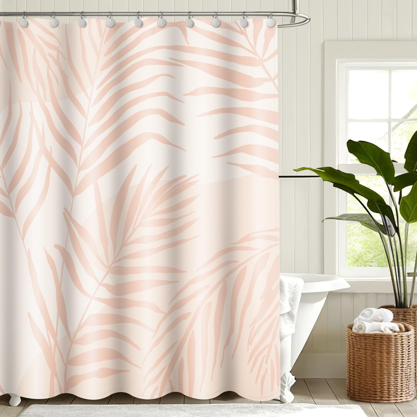 Sunlit 36x72 Inches Sage Green Textured Slubbed Fabric Shower Curtain, Mid Century Modern Palm Leaf Small Stall Shower Curtains for Bathroom Decoration, RV Half Size Narrow Boho Bathroom Curtains