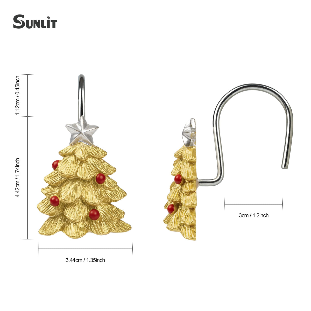 Sunlit Christmas Tree Decorative Shower Curtain Hooks with Star, Green Shower Curtain Rings, Resin, Xmas Theme Winter Holiday Bathroom Decoration, Set of 12
