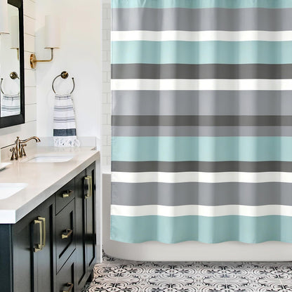 Sunlit Sage Green Gray Horizontal Stripes Water-Repellent Fabric Shower Curtain with Reinforced Metal Grommets Refreshing Striped Design Bathroom Decor, 72x72