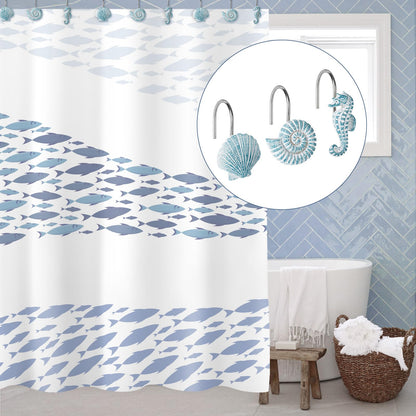 Sunlit Seashells Decorative Shower Curtain Hooks, Aqua Blue Ocean Creatures Coastal Shower Curtain Rings with Black Hooks, Resin, Nautical Bathroom Decoration Beach Shower Curtain Hooks, Set of 12