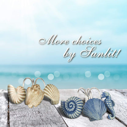 Sunlit Seashells Decorative Shower Curtain Hooks, Aqua Blue Ocean Creatures Coastal Shower Curtain Rings with Black Hooks, Resin, Nautical Bathroom Decoration Beach Shower Curtain Hooks, Set of 12