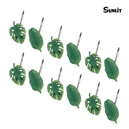 Tropical Leaf Decorative Shower Curtain Hooks, Green Botanical Shower Curtain Rings with Black Hooks, Resin, Monstera Deliciosa Leaves Shower Curtain Hangers for Bathroom, Set of 12